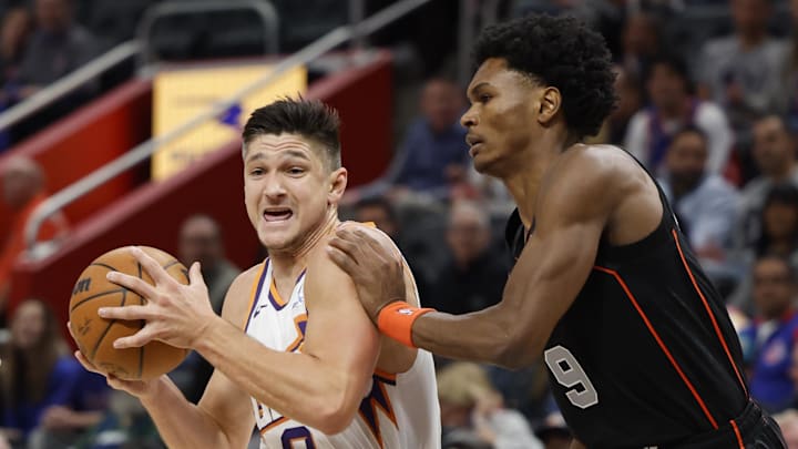 Nov 5, 2023; Detroit, Michigan, USA; Phoenix Suns guard Grayson Allen (8) is defended by Detroit Pistons forward Ausar Thompson (9) in the first half at Little Caesars Arena. Mandatory Credit: Rick Osentoski-Imagn Images Nov 5, 2023; Detroit, Michigan, USA; Phoenix Suns guard Grayson Allen (8) is defended by Detroit Pistons forward Ausar Thompson (9) in the first half at Little Caesars Arena. Mandatory Credit: Rick Osentoski-Imagn Images