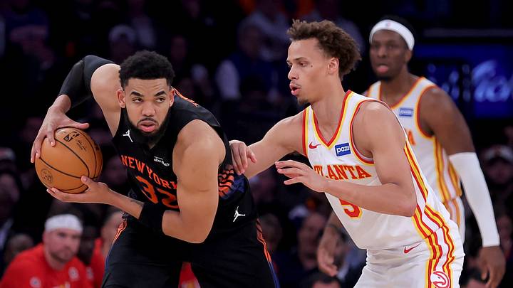 Apr 28, 2026; New York, New York, USA; New York Knicks center Karl-Anthony Towns (32) controls the ball against Atlanta Hawks guard Dyson Daniels (5) during the third quarter of game five of the first round of the 2026 NBA Playoffs at Madison Square Garden. Mandatory Credit: Brad Penner-Imagn Images Apr 28, 2026; New York, New York, USA; New York Knicks center Karl-Anthony Towns (32) controls the ball against Atlanta Hawks guard Dyson Daniels (5) during the third quarter of game five of the first round of the 2026 NBA Playoffs at Madison Square Garden. Mandatory Credit: Brad Penner-Imagn Images