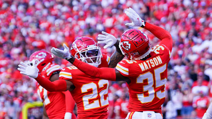 Sep 15, 2024; Kansas City, Missouri, USA; Kansas City Chiefs cornerback Trent McDuffie (22) celebrates with cornerback Jaylen Watson (35) after a play against the Cincinnati Bengals during the first half at GEHA Field at Arrowhead Stadium. Mandatory Credit: Denny Medley-Imagn Images