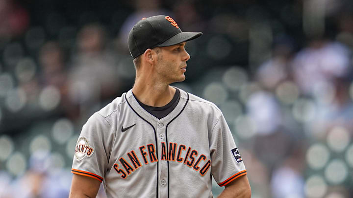 Jul 23, 2025; Cumberland, Georgia, USA; San Francisco Giants relief pitcher Tyler Rogers (71) pitches against the Atlanta Braves during the ninth inning at Truist Park. Mandatory Credit: Dale Zanine-Imagn Images