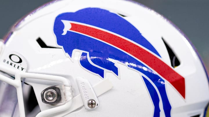 Nov 26, 2023; Philadelphia, Pennsylvania, USA; A Buffalo Bills helmet is seen before action against the Philadelphia Eagles at Lincoln Financial Field. Mandatory Credit: Bill Streicher-Imagn Images