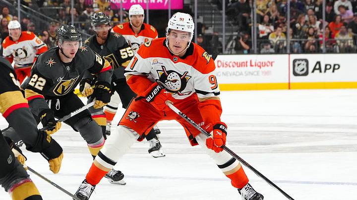 Oct 13, 2024; Las Vegas, Nevada, USA; Anaheim Ducks center Leo Carlsson (91) skates against the Vegas Golden Knights during the first period at T-Mobile Arena. Mandatory Credit: Stephen R. Sylvanie-Imagn Images Oct 13, 2024; Las Vegas, Nevada, USA; Anaheim Ducks center Leo Carlsson (91) skates against the Vegas Golden Knights during the first period at T-Mobile Arena. Mandatory Credit: Stephen R. Sylvanie-Imagn Images