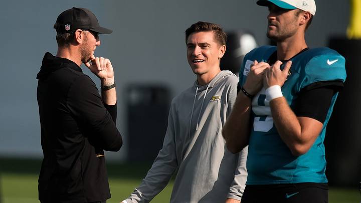 Jacksonville Jaguars Head Coach Liam Coen and Jacksonville Jaguars General Manager James Gladstone talk on the field during the Jacksonville Jaguars 14th session of NFL Training Camp at the Miller Electric Center in Jacksonville, Fla., Monday, August 17, 2026.    [Doug Engle/Florida Times-Union]