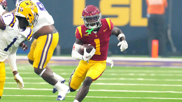 Sep 1, 2024; Paradise, Nevada, USA; Southern California Trojans wide receiver Zachariah Branch (1) runs against the LSU Tigers during the second quarter at Allegiant Stadium. Mandatory Credit: Stephen R. Sylvanie-Imagn Images