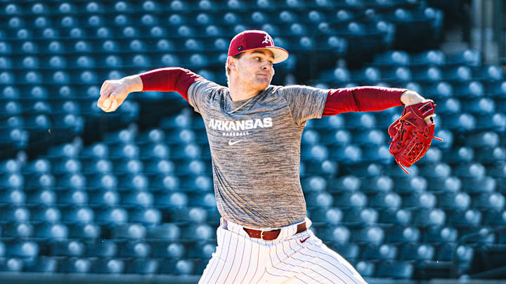 Right-hander Dylan Carter throws a pitch in the first weekend of spring intrasquad scrimmages at Baum-Walker Stadium.