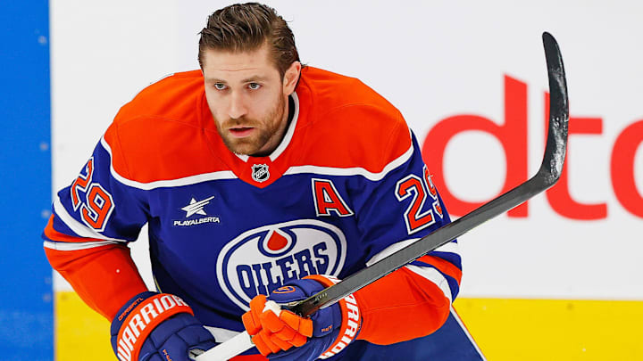 Edmonton Oilers forward Leon Draisaitl (29) skates during warmup at Rogers Place. Mandatory Credit: Perry Nelson-Imagn Images