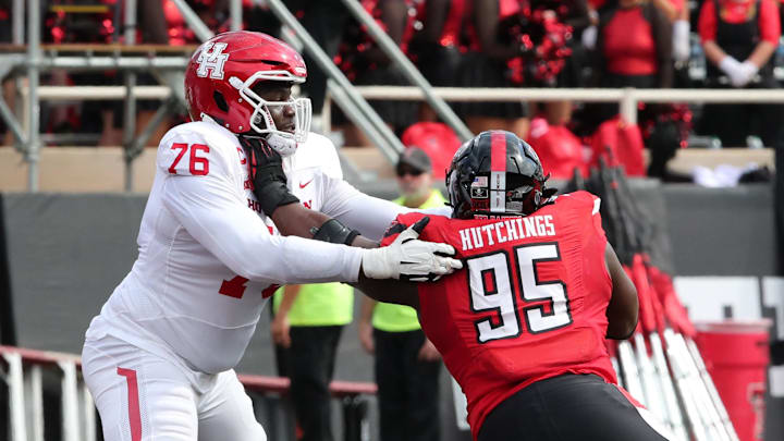 Sep 30, 2023; Lubbock, Texas, USA;  Houston Cougars offensive tackle Patrick Paul (76) blocks Texas