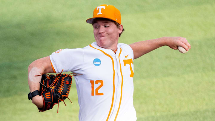 Tennessee's Liam Doyle (12) throws the ball during a NCAA Baseball Tournament Knoxville Regional game between Tennessee and Miami Ohio on May 30, 2025. Tennessee's Liam Doyle (12) throws the ball during a NCAA Baseball Tournament Knoxville Regional game between Tennessee and Miami Ohio on May 30, 2025.