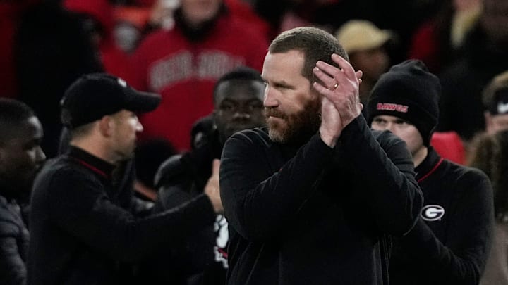 Georgia Defensive Glenn Schumann looks on during warm ups before the start of a NCAA college football game against Georgia Tech in Athens, Ga., on Friday, Nov. 29, 2024.