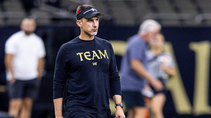 Aug 11, 2023; Metairie, LA, USA;  New Orleans Saints head coach Dennis Allen looks on during