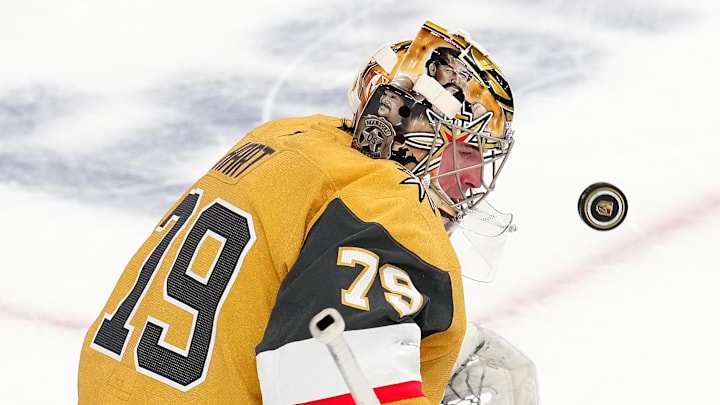 Apr 19, 2026; Las Vegas, Nevada, USA; Vegas Golden Knights goaltender Carter Hart (79) makes a save against the Utah Mammoth during the third period of game one of the first round of the 2026 Stanley Cup Playoffs at T-Mobile Arena. Mandatory Credit: Stephen R. Sylvanie-Imagn Images