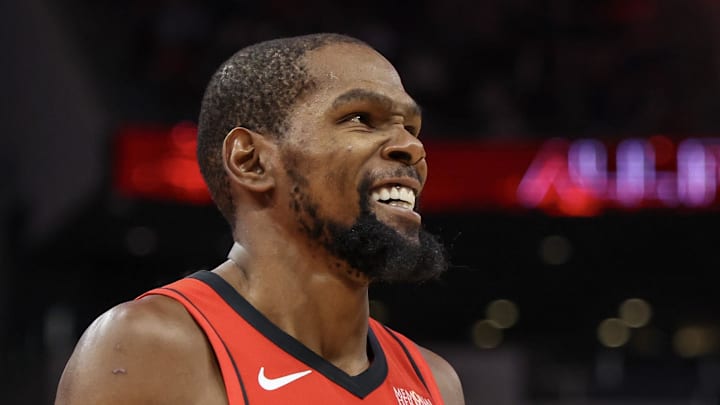 Nov 3, 2025; Houston, Texas, USA; Houston Rockets forward Kevin Durant (7) reacts in the second quarter against the Dallas Mavericks at Toyota Center. Mandatory Credit: Thomas Shea-Imagn Images