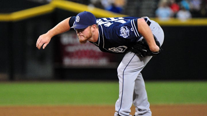 Sep 16, 2015; Phoenix, AZ, USA; San Diego Padres relief pitcher Craig Kimbrel (46) prepares to throw a pitch during the ninth inning against the Arizona Diamondbacks at Chase Field. Sep 16, 2015; Phoenix, AZ, USA; San Diego Padres relief pitcher Craig Kimbrel (46) prepares to throw a pitch during the ninth inning against the Arizona Diamondbacks at Chase Field.