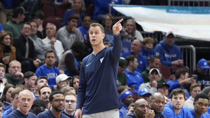 Nov 14, 2023; Chicago, Illinois, USA; Duke Blue Devils head coach Jon Scheyer gestures to his team