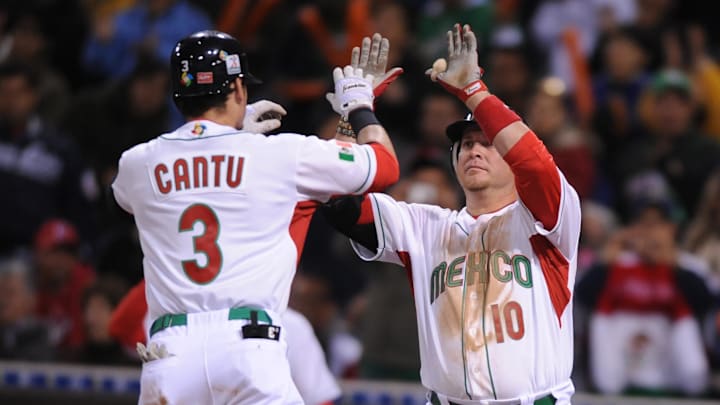 Mar 16, 2009; San Diego, CA, USA; Mexico second baseman Jorge Cantu (3) is congratulated by Karim Garcia (10) following a solo homerun during the eighth inning against Cuba at Petco Park in San Diego, CA, during the second round of the World Baseball Classic. Mandatory Credit: Photo By Christopher Hanewinckel-Imagn Images Mar 16, 2009; San Diego, CA, USA; Mexico second baseman Jorge Cantu (3) is congratulated by Karim Garcia (10) following a solo homerun during the eighth inning against Cuba at Petco Park in San Diego, CA, during the second round of the World Baseball Classic. Mandatory Credit: Photo By Christopher Hanewinckel-Imagn Images