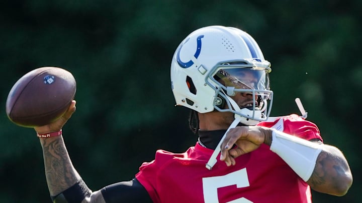 Indianapolis Colts quarterback Anthony Richardson (5) throws a pass while warming up Saturday, July 27, 2024, during the Indianapolis Colts’ training camp at Grand Park Sports Complex in Westfield.