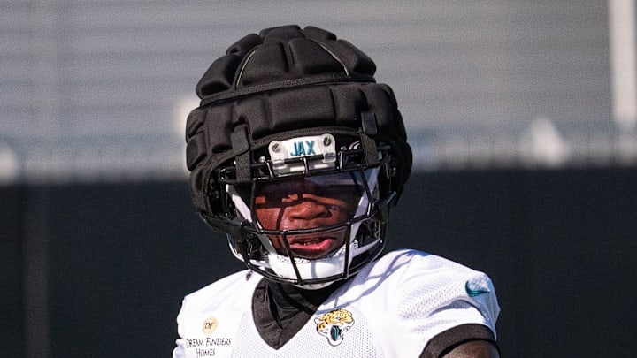 Jacksonville Jaguars wide receiver Travis Hunter (12) takes a breather between drills during the Jacksonville Jaguars’ 18th and final training camp practice at Miller Electric Center in Jacksonville, Fla. Wednesday August 20, 2025. [Doug Engle/Florida Times-Union]