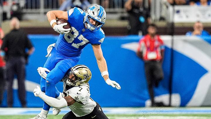 Detroit Lions tight end Sam LaPorta (87) makes a catch against New Orleans Saints safety Jonas Sanker (7) during overtime at Ford Field in Detroit on Sunday, Sept. 13, 2026. Detroit Lions tight end Sam LaPorta (87) makes a catch against New Orleans Saints safety Jonas Sanker (7) during overtime at Ford Field in Detroit on Sunday, Sept. 13, 2026.