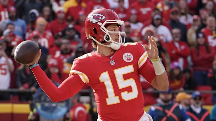 Jan 1, 2023; Kansas City, Missouri, USA; Kansas City Chiefs quarterback Patrick Mahomes (15) throws