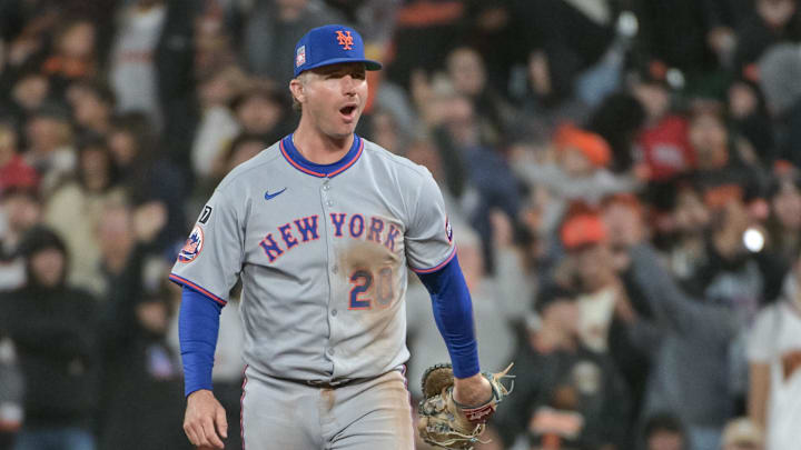 San Francisco, California, USA; New York Mets first baseman Pete Alonso (20) reacts after making the final out against the San Francisco Giants at Oracle Park.