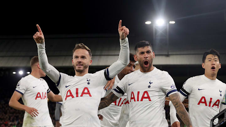 James Maddison, Cristian Romero, and Heung-Min Son during the win at Crystal Palace last season