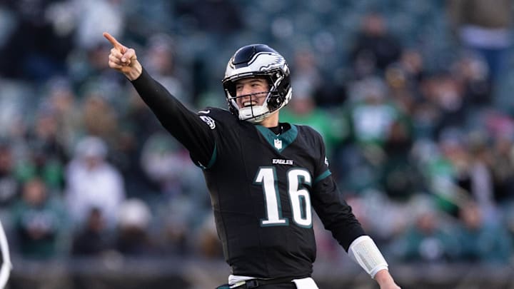 Jan 5, 2025; Philadelphia, Pennsylvania, USA; Philadelphia Eagles quarterback Tanner McKee (16) reacts after drawing the New York Giants offsides during the fourth quarter at Lincoln Financial Field. Mandatory Credit: Bill Streicher-Imagn Images