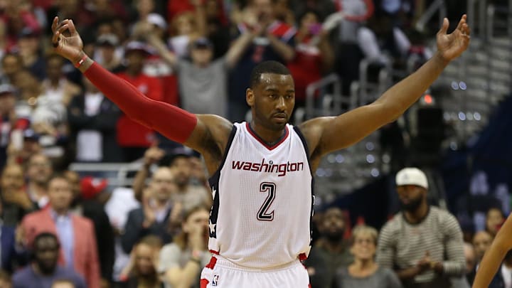May 12, 2017; Washington, DC, USA; Washington Wizards guard John Wall (2) gestures on the court against the Boston Celtics in the fourth quarter in game six of the second round of the 2017 NBA Playoffs at Verizon Center. The Wizards won 92-91, and tied the series at 3-3. Mandatory Credit: Geoff Burke-Imagn Images May 12, 2017; Washington, DC, USA; Washington Wizards guard John Wall (2) gestures on the court against the Boston Celtics in the fourth quarter in game six of the second round of the 2017 NBA Playoffs at Verizon Center. The Wizards won 92-91, and tied the series at 3-3. Mandatory Credit: Geoff Burke-Imagn Images