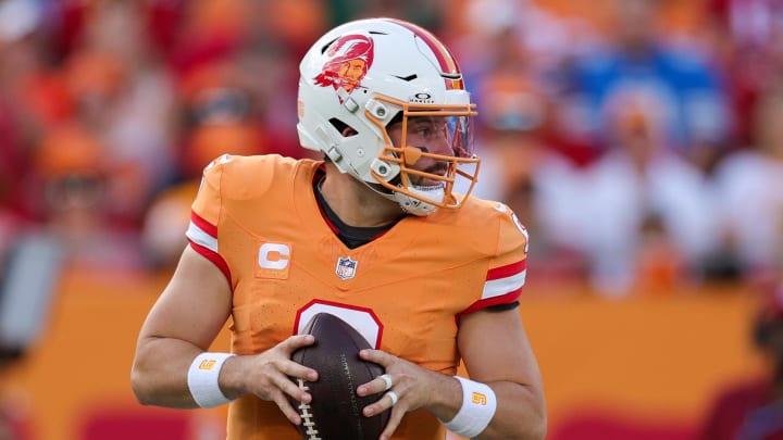 Oct 15, 2023; Tampa, Florida, USA;  Tampa Bay Buccaneers quarterback Baker Mayfield (6) drops back to pass against the Detroit Lions in the first quarter at Raymond James Stadium. Mandatory Credit: Nathan Ray Seebeck-USA TODAY Sports