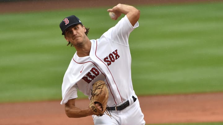Aug 19, 2020; Boston, Massachusetts, USA;  Boston Red Sox starting pitcher Kyle Hart (81) pitches during the first inning against the Philadelphia Phillies at Fenway Park. Mandatory Credit: Bob DeChiara-Imagn Images