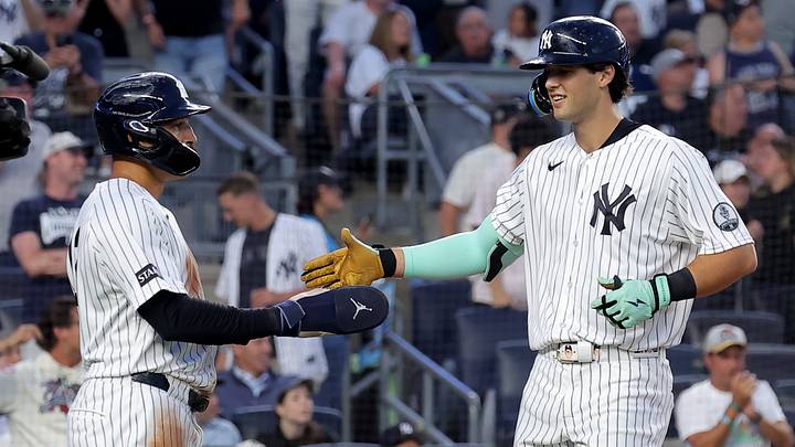 Aug 21, 2026; Bronx, New York, USA; New York Yankees right fielder Spencer Jones (78) celebrates his two run home run against the Toronto Blue Jays with center fielder Trent Grisham (12) during the second inning at Yankee Stadium. Mandatory Credit: Brad Penner-Imagn Images