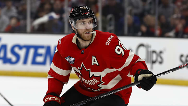 Feb 20, 2025; Boston, MA, USA; [Imagn Images direct customers only] Team Canada forward Connor McDavid (97) during the 4 Nations Face-Off ice hockey championship game against the United States at TD Garden. Mandatory Credit: Winslow Townson-Imagn Images