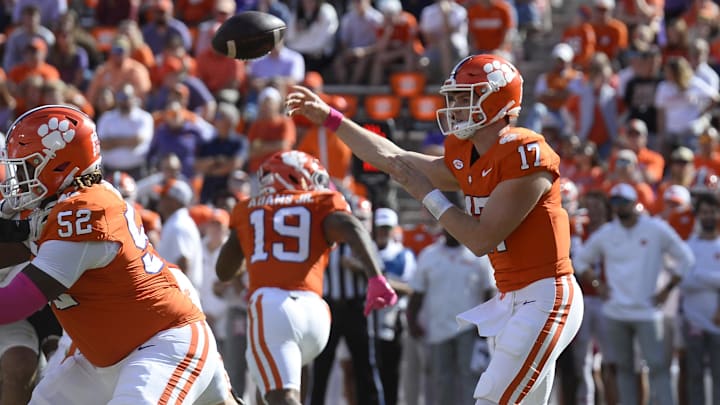 Oct 19, 2024; Clemson, South Carolina, USA; Clemson Tigers quarterback Christopher Vizzina (17) throws the ball against the Virginia Cavaliers at Memorial Stadium.