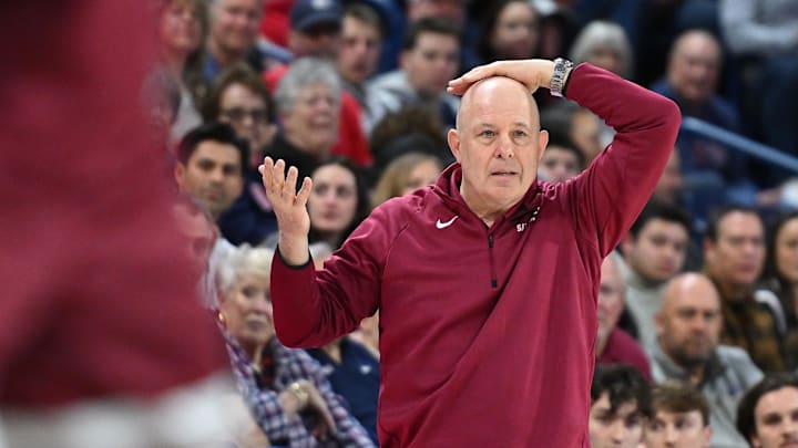Feb 24, 2024; Spokane, Washington, USA; Santa Clara Broncos head coach Herb Sendek looks on against the Gonzaga Bulldogs in the first half at McCarthey Athletic Center. Mandatory Credit: James Snook-Imagn Images Feb 24, 2024; Spokane, Washington, USA; Santa Clara Broncos head coach Herb Sendek looks on against the Gonzaga Bulldogs in the first half at McCarthey Athletic Center. Mandatory Credit: James Snook-Imagn Images