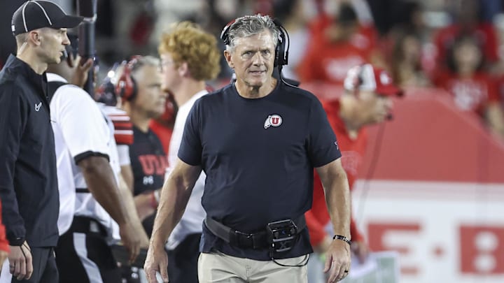 Utah Utes head coach Kyle Whittingham reacts during the second half against the Houston Cougars at TDECU Stadium.