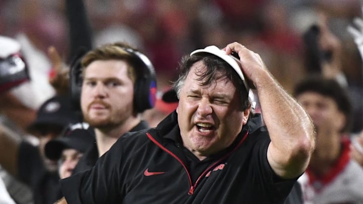 Sep 28, 2024; Tuscaloosa, Alabama, USA;  Georgia Bulldogs head coach Kirby Smart celebrates after a successful two point conversion against the Alabama Crimson Tide at Bryant-Denny Stadium. Alabama defeated Georgia 41-34. Mandatory Credit: Gary Cosby Jr.-Imagn Images