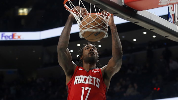 Mar 27, 2026; Memphis, Tennessee, USA; Houston Rockets forward Tari Eason (17) dunks during the fourth quarter against the Memphis Grizzlies at FedExForum. Mandatory Credit: Petre Thomas-Imagn Images