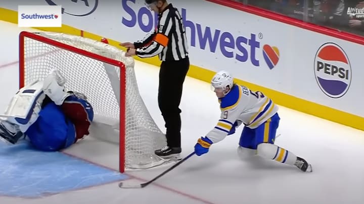 Scott Wedgewood was hurt in goal while Buffalo scored. Scott Wedgewood was hurt in goal while Buffalo scored.