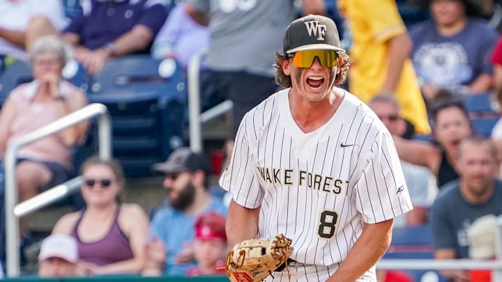 Jun 17, 2023; Omaha, NE, USA; Wake Forest Demon Deacons first baseman Nick Kurtz (8) celebrates after retiring Stanford Cardinal third baseman Tommy Troy (not pictured) to end the game at Charles Schwab Field Omaha. Mandatory Credit: Dylan Widger-Imagn Images