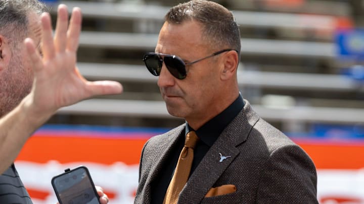 Texas head coach Steve Sarkisian give an interview before an NCAA football against Florida in Gainesville, FL on Saturday, October 4, 2025. Texas head coach Steve Sarkisian give an interview before an NCAA football against Florida in Gainesville, FL on Saturday, October 4, 2025.