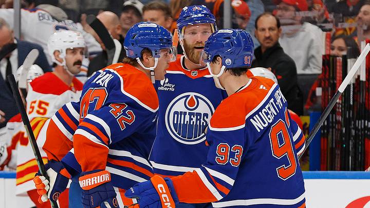 Sep 26, 2026; Edmonton, Alberta, CAN;  The Edmonton Oilers celebrate a goal scored by forward Kasperi Kapanen (42) during the second period against the Calgary Flames at Rogers Place.  Mandatory Credit: Perry Nelson-Imagn Images