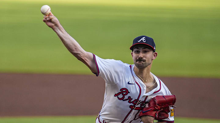 Aug 6, 2025; Cumberland, Georgia, USA; Atlanta Braves pitcher Spencer Strider (99) pitches against the Milwaukee Brewers during the first inning at Truist Park. Mandatory Credit: Dale Zanine-Imagn Images