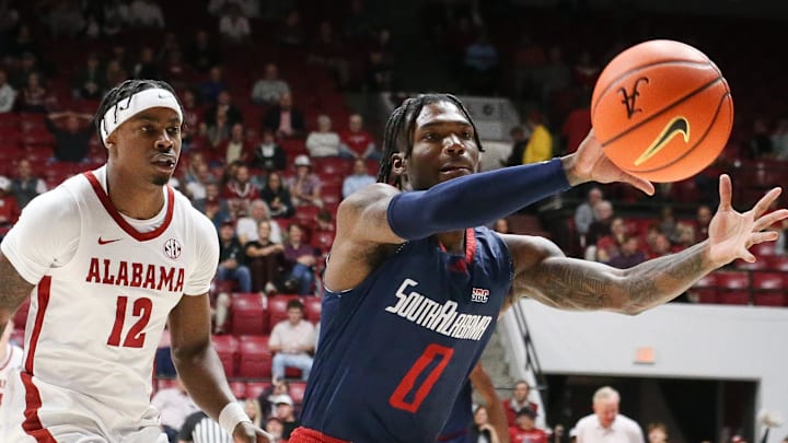 Nov 14, 2023; Tuscaloosa, Alabama, USA;  South Alabama guard Tyrell Jones (0) takes an inbound pass
