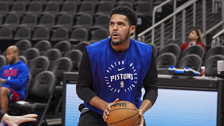 Jan 22, 2025; Atlanta, Georgia, USA; Detroit Pistons forward Tobias Harris (12) warms up on the court prior to the game against the Atlanta Hawks at State Farm Arena. Mandatory Credit: Dale Zanine-Imagn Images
