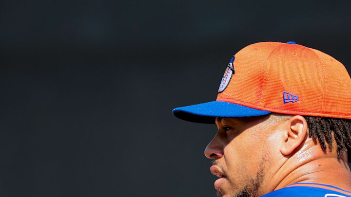 Feb 12, 2025; Port St. Lucie, FL, USA; New York Mets pitcher Frankie Montas (47) pitches during a Spring Training workout at Clover Park. Mandatory Credit: Sam Navarro-Imagn Images