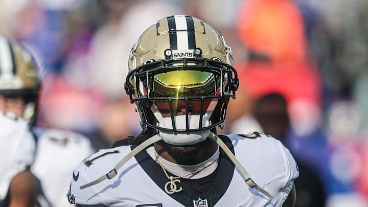Dec 8, 2024; East Rutherford, New Jersey, USA; New Orleans Saints running back Alvin Kamara (41) looks on before the game against the New York Giants at MetLife Stadium. 