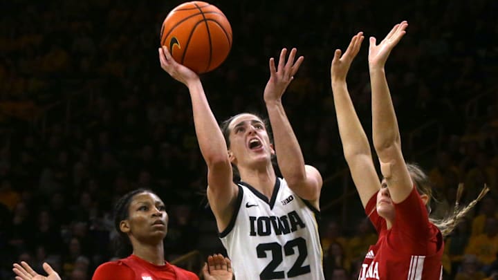 Iowa's Caitlin Clark (22) shoots against Indiana on Saturday, Jan. 13, 2024, at Carver-Hawkeye Arena.