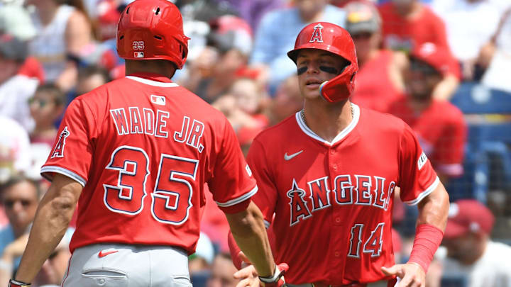Jul 20, 2025; Philadelphia, Pennsylvania, USA; Los Angeles Angels catcher Logan O'Hoppe (14) celebrates with first base LaMonte Wade Jr. (35) after scoring a run during the second inning against the Philadelphia Phillies at Citizens Bank Park. Mandatory Credit: Eric Hartline-Imagn Images Jul 20, 2025; Philadelphia, Pennsylvania, USA; Los Angeles Angels catcher Logan O'Hoppe (14) celebrates with first base LaMonte Wade Jr. (35) after scoring a run during the second inning against the Philadelphia Phillies at Citizens Bank Park. Mandatory Credit: Eric Hartline-Imagn Images