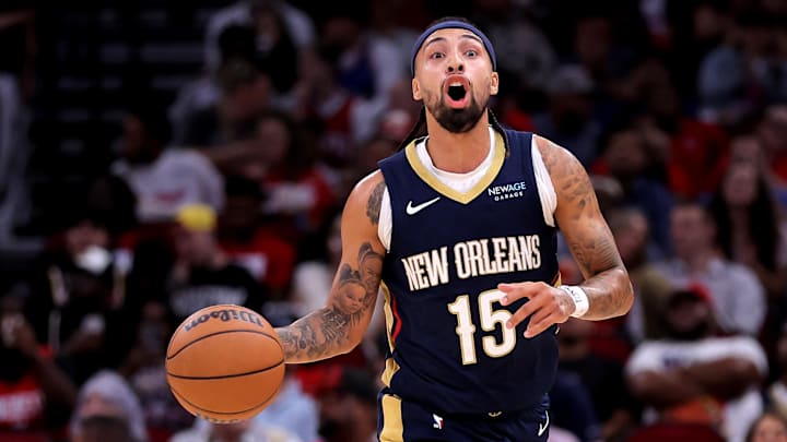 Oct 15, 2024; Houston, Texas, USA; New Orleans Pelicans guard Jose Alvarado (15) handles the ball against the Houston Rockets during the second quarter at Toyota Center. 