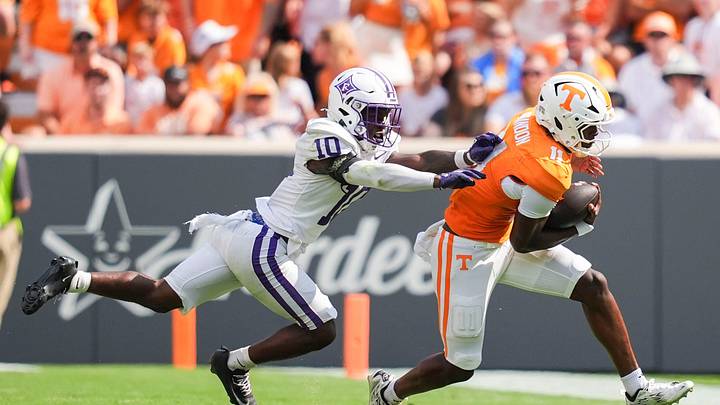 Furman safety Braylon Peebles (10) pushes Tennessee quarterback Faizon Brandon (11) during a Tennessee football game against Furman at Neyland Stadium in Knoxville, Tenn., on Sept. 5, 2026.