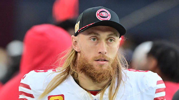 Jan 5, 2025; Glendale, Arizona, USA; San Francisco 49ers tight end George Kittle (85) looks on in the first half against the Arizona Cardinals at State Farm Stadium. Mandatory Credit: Matt Kartozian-Imagn Images